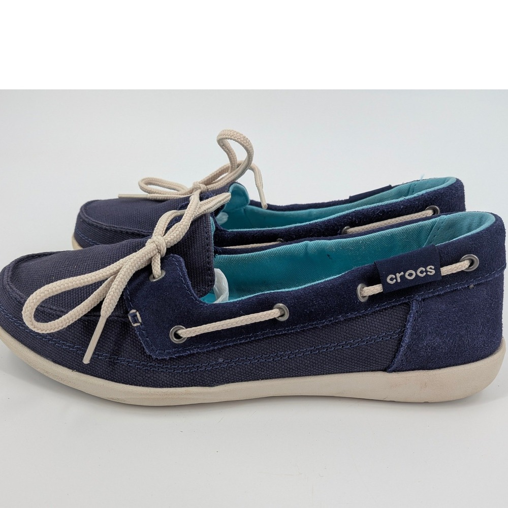 Crocs Beach Line Boat Shoes Womens 7 Navy Blue Canvas Suede Loafers 200482